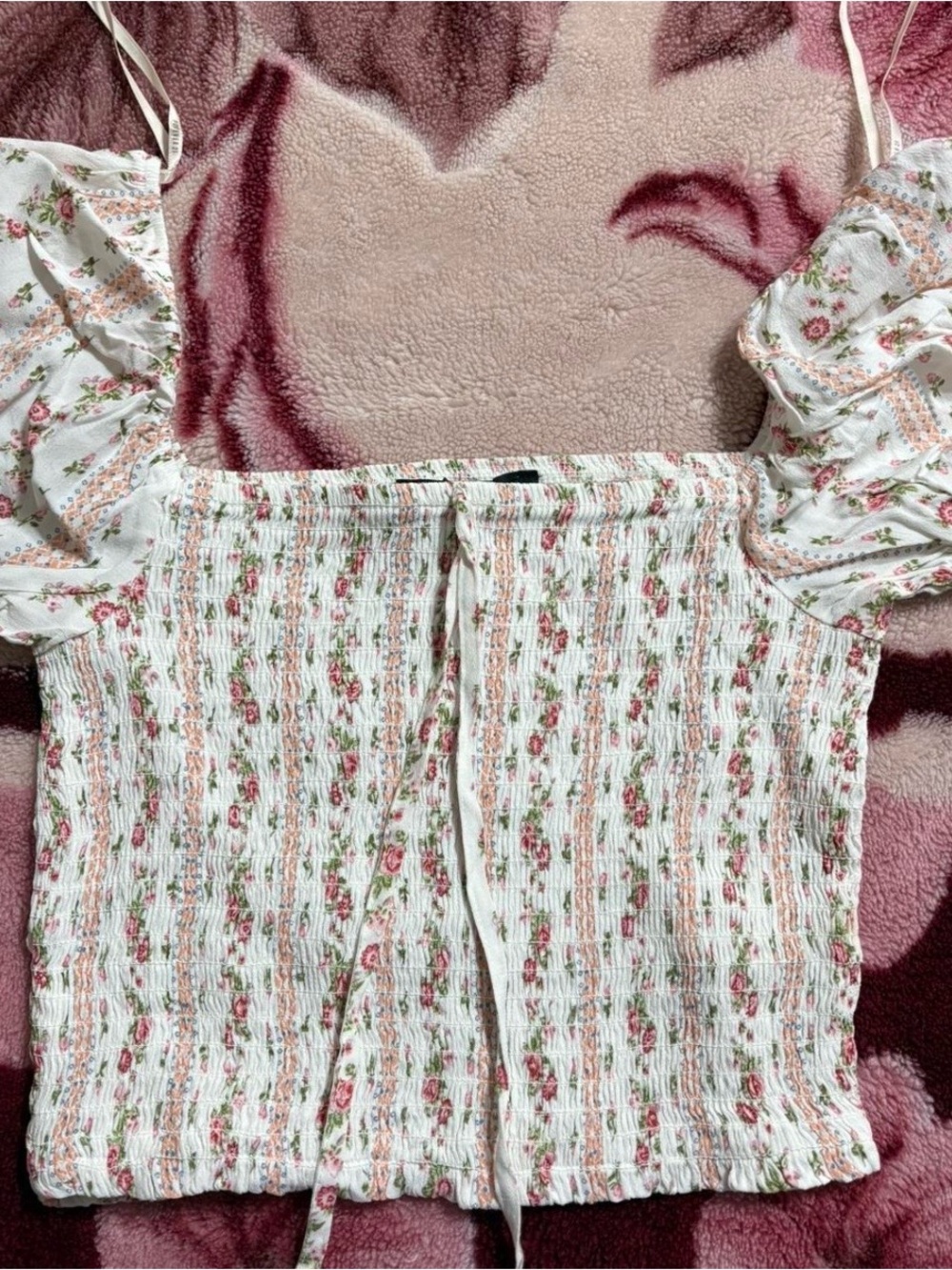 Forever 21 White Floral Smocked Crop Top with Pink and Green Accents